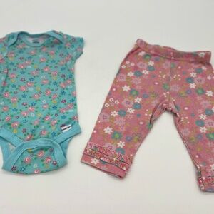 Gerber Baby Girl Floral Pink Blue Set Onesie And Pants 3-6 Months